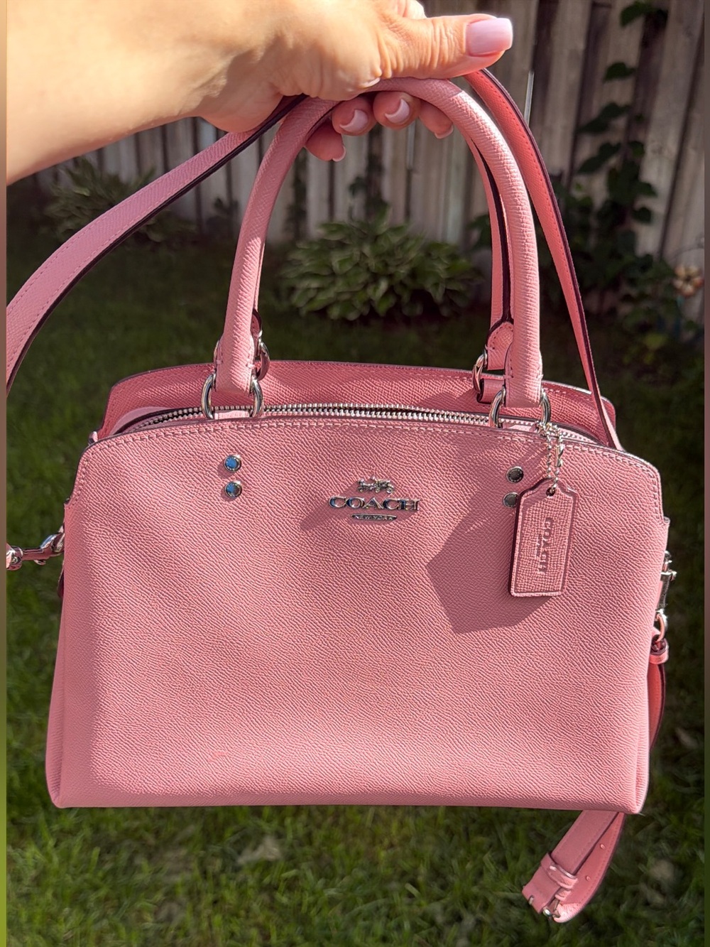 Coach Pink Pebbled Leather Satchel – Structured, Silver Hardware, Crossbody Stra